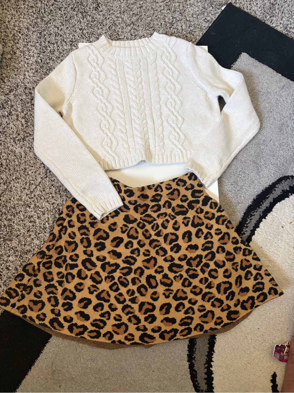 Rachel Zoe Cream Cable-Knit Sweater & Leopard Print Skirt Set